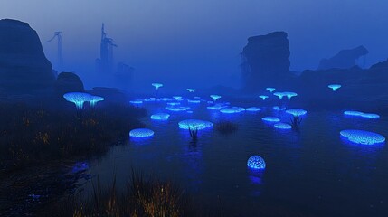Poster - A nighttime alien landscape with glowing blue mushrooms and structures
