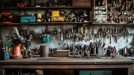 Poster - Interior scene of a workshop filled with tools and equipment