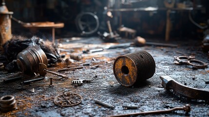 Poster - A decaying workshop contains metal objects and mechanical components