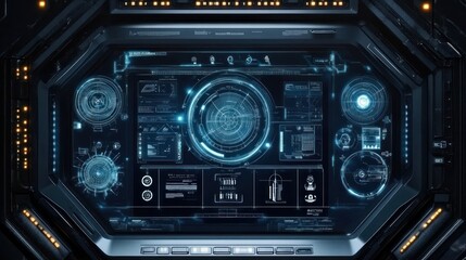 Poster - A futuristic spacecraft cockpit instrument panel showing display data