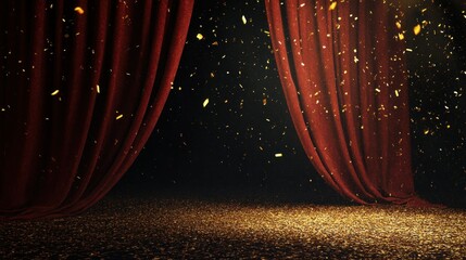 Poster - Red curtains opening with golden confetti and a dark background