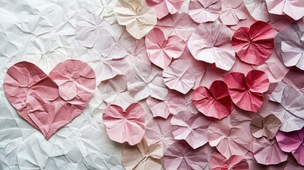 Poster - Several folded paper hearts are displayed on a textured surface together