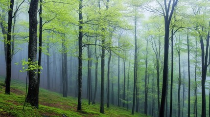 Poster - Misty trees with new green leaves are in a peaceful forest