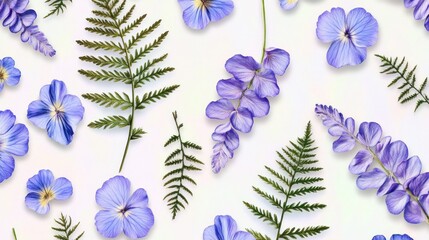 Poster - Green Ferns And Purple Flowers Placed Upon A White Surface