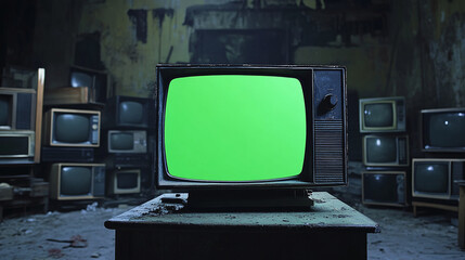Poster - artistic 3d rendered composition stack old classic television with green screen monitors random positions in empty room dynamic composition cinematic lighting video element chroma key video element