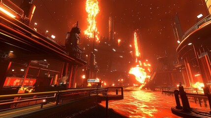 Poster - A fiery scene in a futuristic city engulfed in flames
