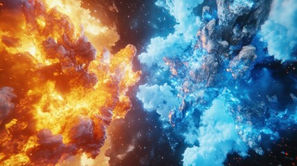 Poster - Celestial scene depicting two elemental sides with fire and ice