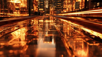 Poster - Golden reflections and streaks on a futuristic looking city scene