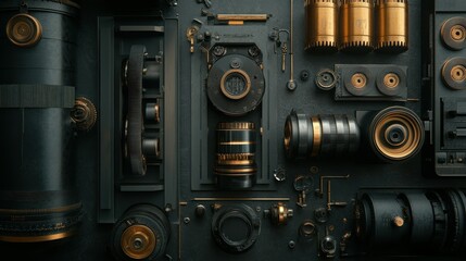 Poster - A Deconstructed Camera Displaying Complex Components and Various Arrangements
