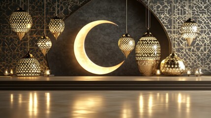 Aufkleber - A collection of hanging lanterns with a glowing crescent moon