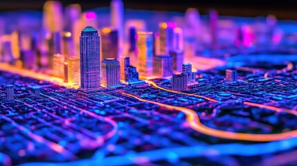 Poster - A futuristic cityscape with a neon glow and buildings