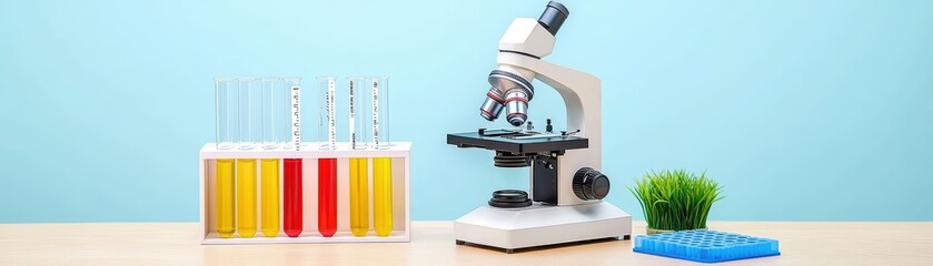 Poster - laboratory equipment featuring microscope and test tubes in bright scientific space