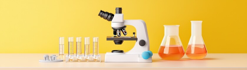 Poster - laboratory microscope with beakers and test tubes on bright yellow background