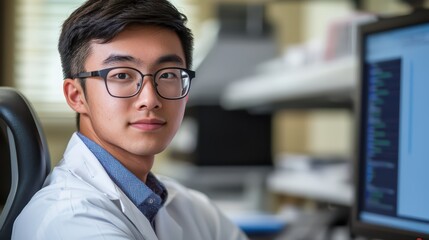 Poster - young scientist and engineer collaborating in computer science under laboratory conditions