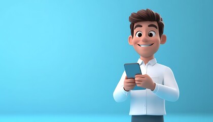 Cartoon man texting on phone, blue background