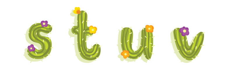 Poster - Latin Alphabet of Green Cactus with Blooming Flowers Vector Set