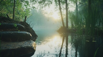 Poster - A serene misty river scene with sunlight filtering through trees
