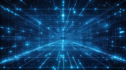 Poster - Blue futuristic digital data network extending into the distance is present