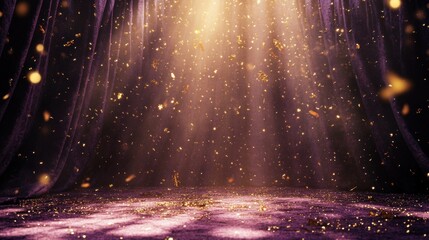 Poster - Beautiful curtains and falling golden sparkles illuminate the stage