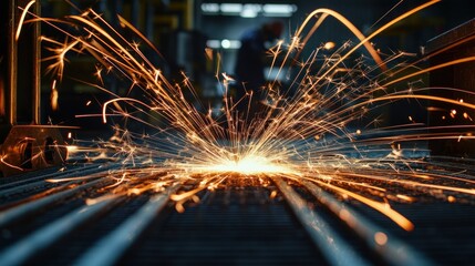 Poster - Sparks and lights illuminate metal welding from a focused perspective