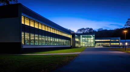 Poster - Modern building exterior with illuminated windows at twilight evening