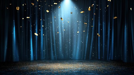 Poster - Gold confetti falling on stage with a dramatic blue backdrop