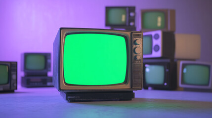 Poster - artistic 3d rendered composition stack of old classic television with green screen monitor random position in empty dark room dynamic composition cinematic purple lighting chroma key multimedia media