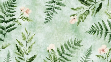 Poster - Delicate watercolor painting of ferns and soft pink flowers