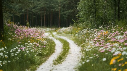 Poster - A winding path through a beautiful forest with vibrant wildflowers