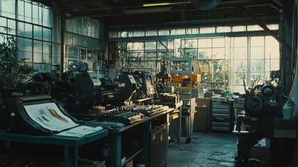 Poster - An old printing press machine in a workshop setting
