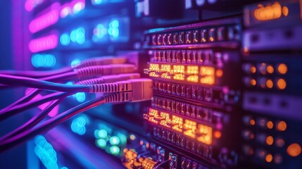 Aufkleber - Close-up view of network cables connected to tech equipment rack. Colorful lights illuminate tech components, showing modern communication systems, advanced connectivity.  3k Resolution 