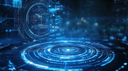 Poster - A futuristic technological scene with glowing blue concentric circles