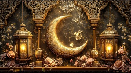Poster - A Golden Crescent Moon With Flowers and Golden Lanterns Displayed