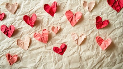 Poster - Several origami paper hearts are arranged on textured paper