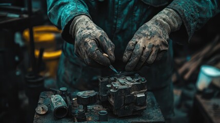 Poster - A mechanic is repairing something with very dirty hands