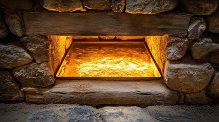 Poster - A warm glowing fireplace embedded within natural stone construction