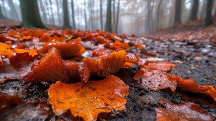 Poster - Forest floor reveals mushrooms and leaves in the damp autumn season