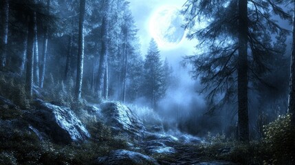 Poster - A forest scene illuminated by a large bright full moon