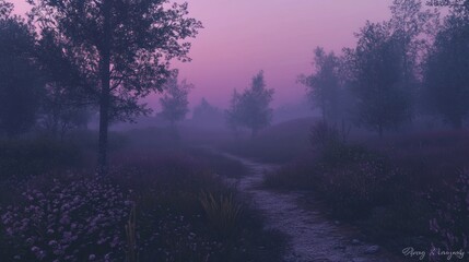 Aufkleber - A Mystical Path Leading Through a Misty Purple Hued Forest