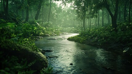 Poster - A calming river flows through a lush green forest ecosystem
