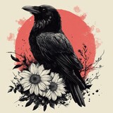 A black raven perched upon flowers with a red backdrop