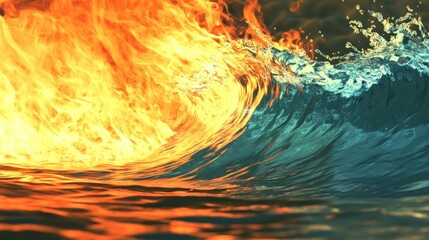 Poster - Burning fire and water colliding in an artistic ocean wave