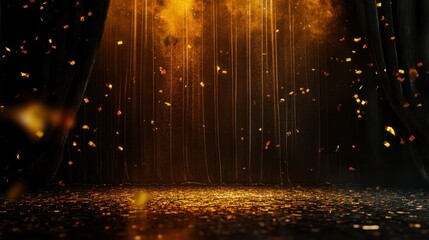 Poster - A golden stage with curtain and falling confetti is shown here
