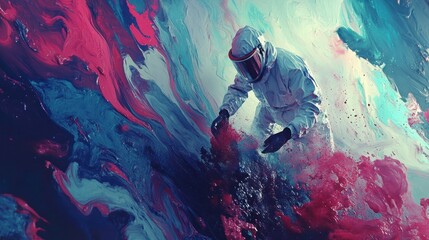 Poster - A Person With Protective Gear Interacts With Paint Streams