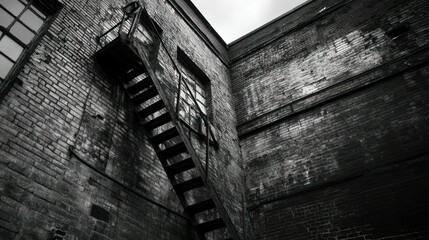 Poster - A brick building with a fire escape and windows is shown