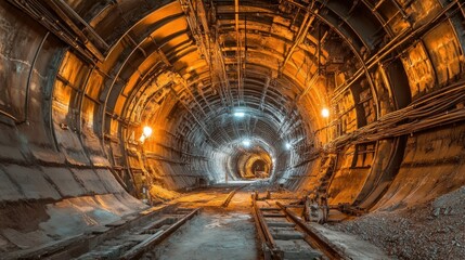 Poster - An illuminated tunnel appears with train tracks and construction elements