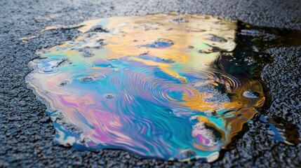 Poster - An iridescent oil slick reflects a colorful light on the pavement