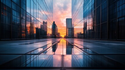 Poster - Reflecting Buildings Illustrate a Vivid Sunrise on a Clear Day
