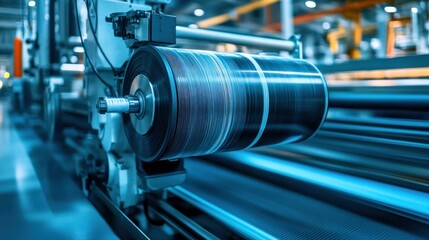 Poster - A large metal roll turning on industrial manufacturing machinery