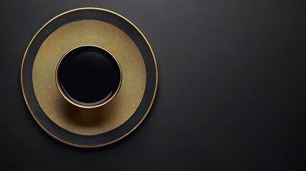Poster - A black cup and golden plate on a dark background